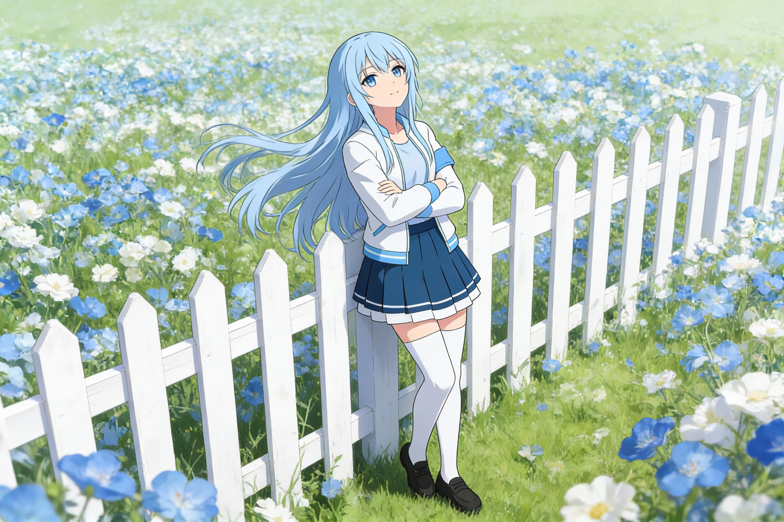 看板娘，花海。一位蓝发少女身穿水手服，双臂交叉倚靠在白色栅栏上，背景是开满蓝色和白色小花的绿草地，画面充满清新自然的氛围。